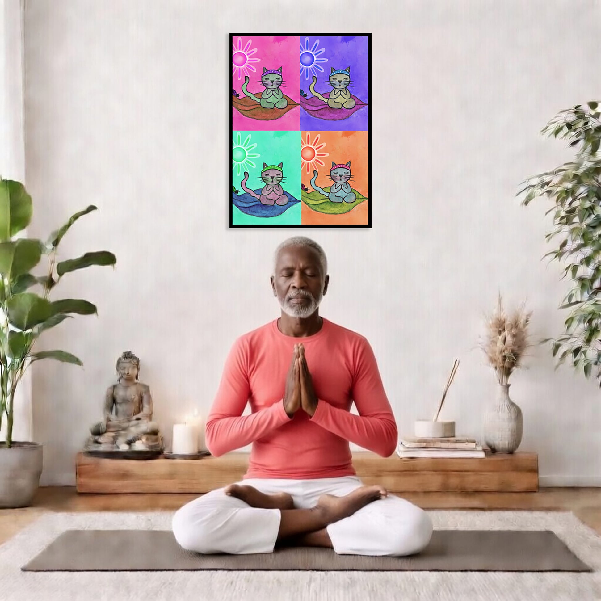 Multi colored grid of four cats meditating on a leaf framed poster. This is a print of the original hand-painted watercolor by Brazilian artist Thaís Suizo.  The poster is in the center of the living room wall. There is a man meditating facing away from the wall. Behind him is a coffee table with incense and a Buddha statue. There are potted plants on the right and left side of the background.
