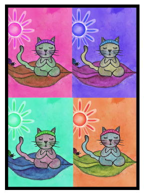 Multi colored grid of four cats meditating on a leaf framed poster. This is a print of the original hand-painted watercolor by Brazilian artist Thaís Suizo.