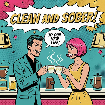 Retro 1960s pop art illustration of a clean and sober couple celebrating with coffee mugs in a colorful comic-style kitchen scene with the phrase “Clean and Sober!” and “To Our New Life!”