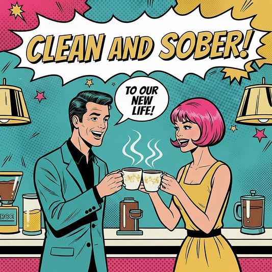 Retro 1960s pop art illustration of a clean and sober couple celebrating with coffee mugs in a colorful comic-style kitchen scene with the phrase “Clean and Sober!” and “To Our New Life!”