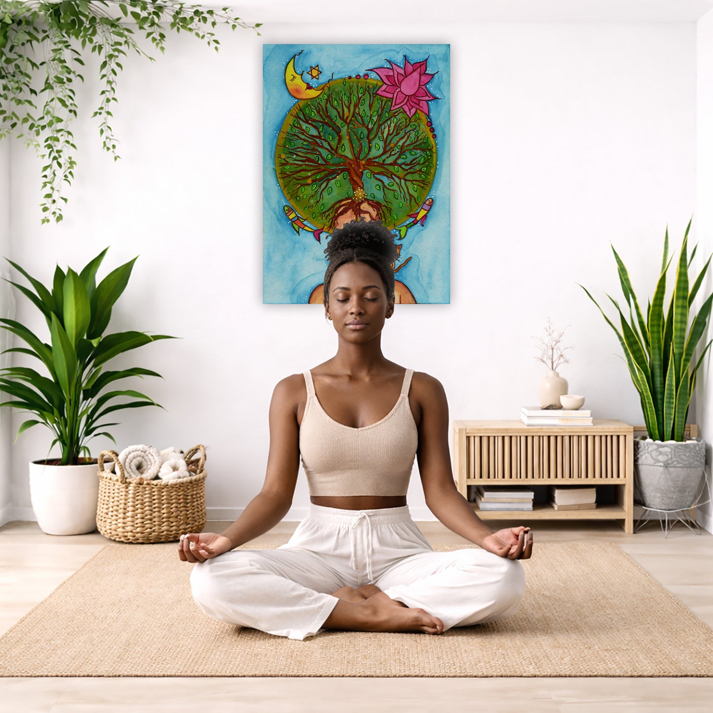 canvas of a woman meditating with her crown chakra blooming into the tree of life. Her cat is sitting on her shoulder.  The poster is in the center of the living room wall. There is a woman meditating facing away from the wall. Behind her is a coffee table with incense and a Buddha statue. There are potted plants on the right and left side of the background.
