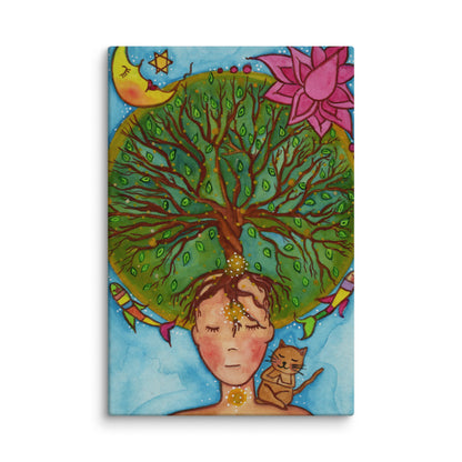 canvas print of a woman meditating with her crown chakra blooming into the tree of life. Her cat is sitting on her shoulder. 