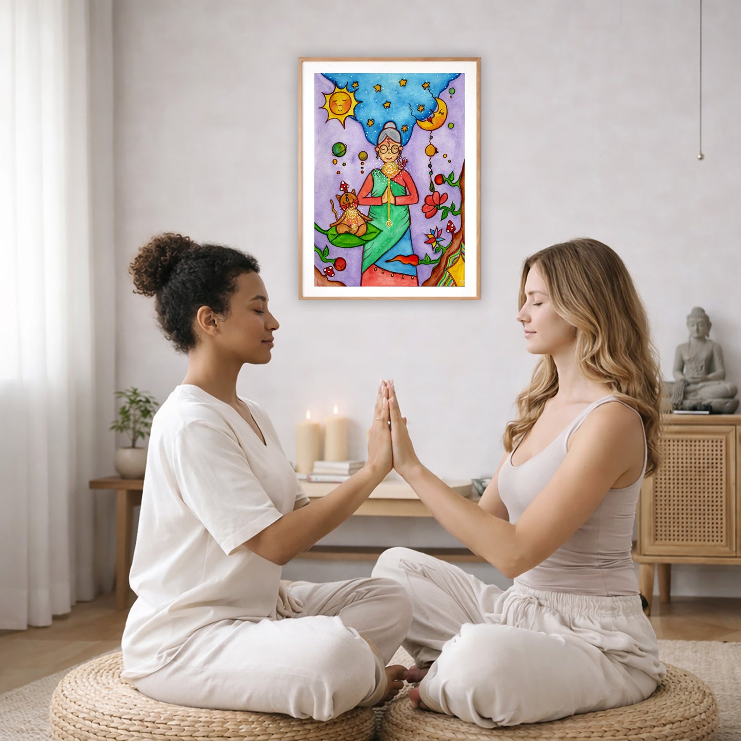 Poster of a woman's throat chakra energy glowing.  The poster is in the center of the living room wall. Two women are sitting on wicker pillows face to face with their hands pressing against one another, transferring healing energy. Behind them is a coffee table with two burning candles, some books and a potted plant. To the left is a cabinet with a Buddha statue on it.
