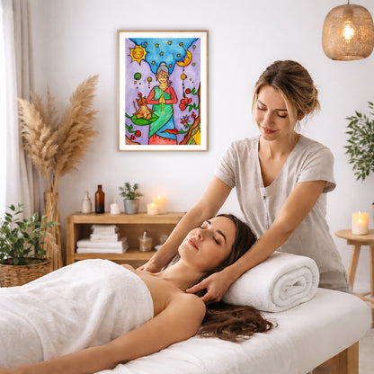 Poster of a woman's throat chakra energy glowing. The poster is on the wall of the office of a massage therapist. The therapist is giving her female client a massage. The client is lying face up on a massage table. The client is wearing a white towel. To the left is a window, a floor plant and a large vase of dry flora. There is shelf underneath the poster with candles burning. There is also a candle burning on a small table on the right side. There is a lamp with a wicker shade hanging from the ceiling on 