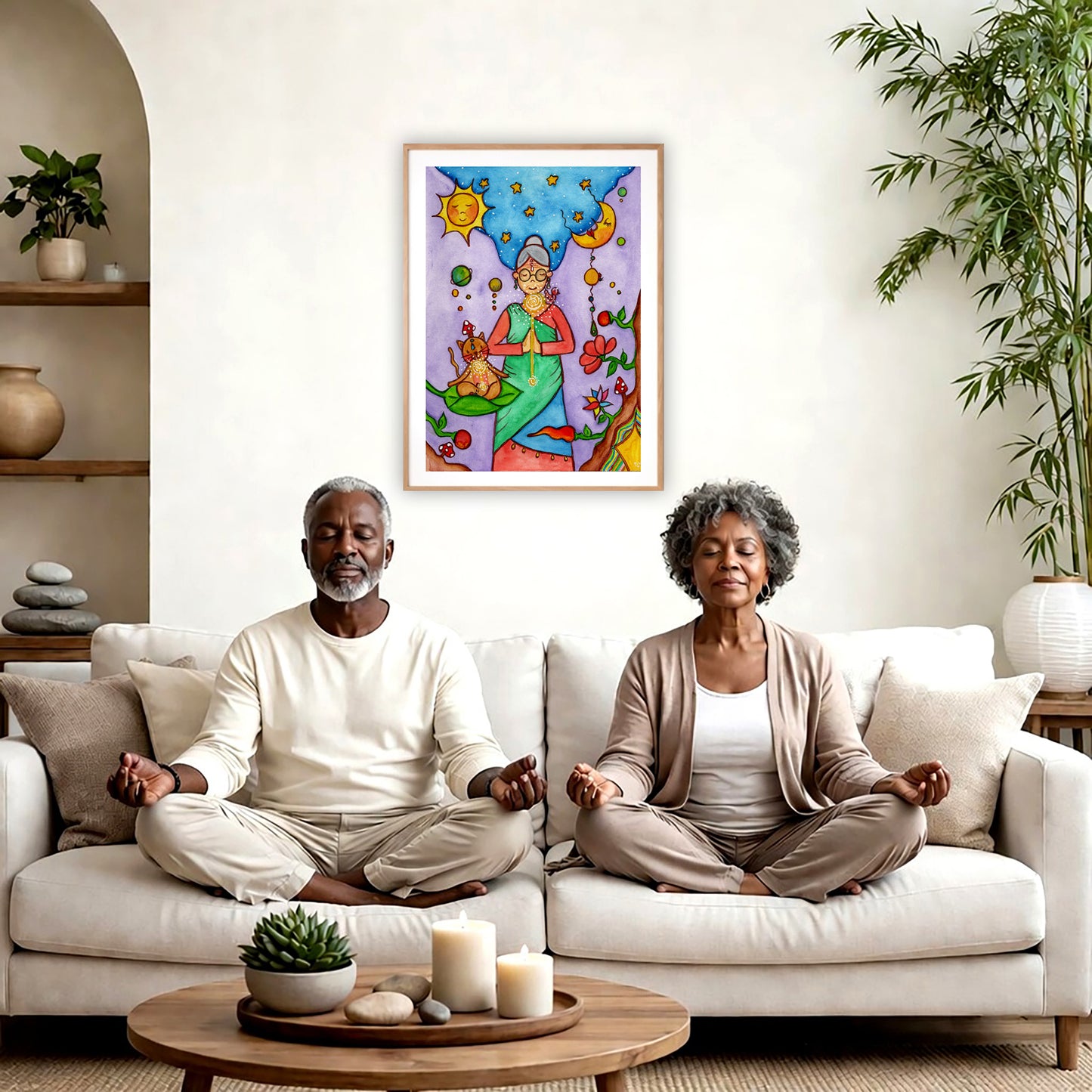 Poster of a woman's throat chakra energy glowing.  The poster is framed and is in the center of the living room wall. A couple are sitting on the living room carpet meditating. To the left is a green floor plant and a hanging green plant. To the right of them is a green floor plant.
