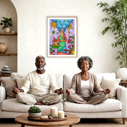 Poster of a woman's throat chakra energy glowing.  The poster is framed and is in the center of the living room wall. A couple are sitting on the living room carpet meditating. To the left is a green floor plant and a hanging green plant. To the right of them is a green floor plant.
