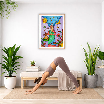 Poster of a woman's throat chakra energy glowing. The poster is framed and is in the center of the living room wall. Below the poster a woman is doing the yoga posture downward facing dog on a yoga mat.