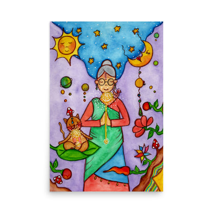 Poster of a woman's throat chakra energy glowing.  This is a print of the original hand-painted watercolor by Brazilian artist Thaís Suizo for the LET'S MEDITATE SERIES of mediation guides.
 