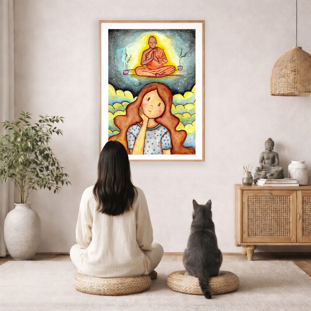 Poster of woman pondering taking up meditation and imagining the higher power that will guide her.  The poster framed is hanging on the wall. A woman and a cat are staring up at the poster. There is a potted plant on the left side and a cabinet with a Buddha statue, books and incense on the right side.
