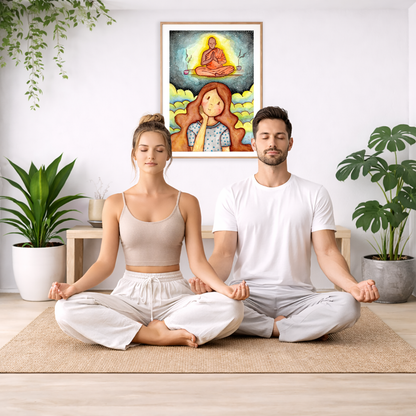 Poster of woman pondering taking up meditation and imagining the higher power that will guide her.  The poster is framed and is in the center of the living room wall. A couple are sitting on the living room carpet meditating. To the left is a green floor plant and a hanging green plant. To the right of them is a green floor plant.