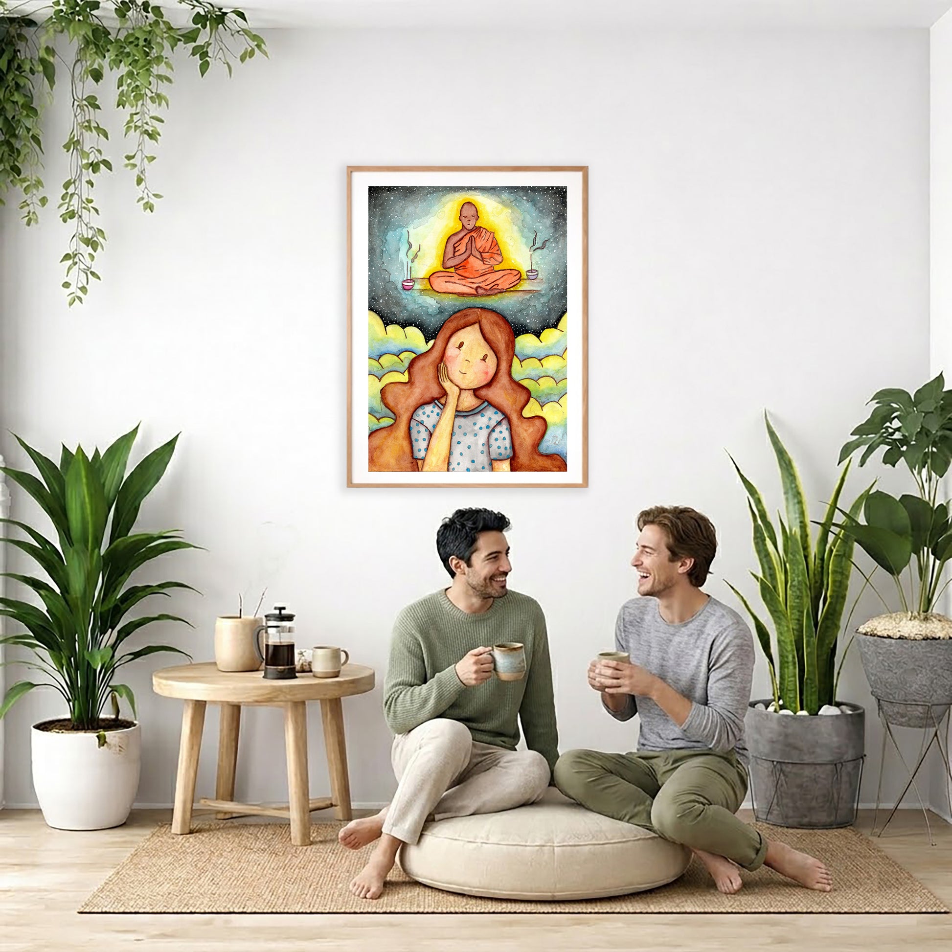 Poster of woman pondering taking up meditation and imagining the higher power that will guide her.  The poster is framed and is in the center of the living room wall. Two friends are sitting on a giant pillow having a coffee. Beside them is a small tray with a pot of coffee and incense. To the left is a green floor plant and a hanging green plant. To the right of them is a green floor plant.