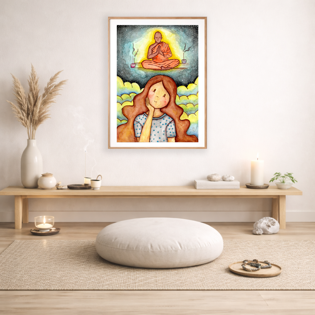 Poster of woman pondering taking up meditation and imagining the higher power that will guide her. The poster is framed and is in the center of the living room wall. Below the poster is a bench with incense, candles and meditation stones on it. There is also a small green potted plant and a vase with dry flora in it. There is a mat on the floor with a pillow, candle and prayer beads on it.