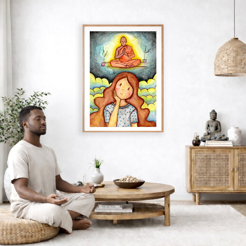 Poster of woman pondering taking up meditation and imagining the higher power that will guide her.  The poster is framed and is in the center of the living room wall. A man is on a chair on the left side of his living room meditating. On the right side is a cabinet with a Buddha statue on it.
