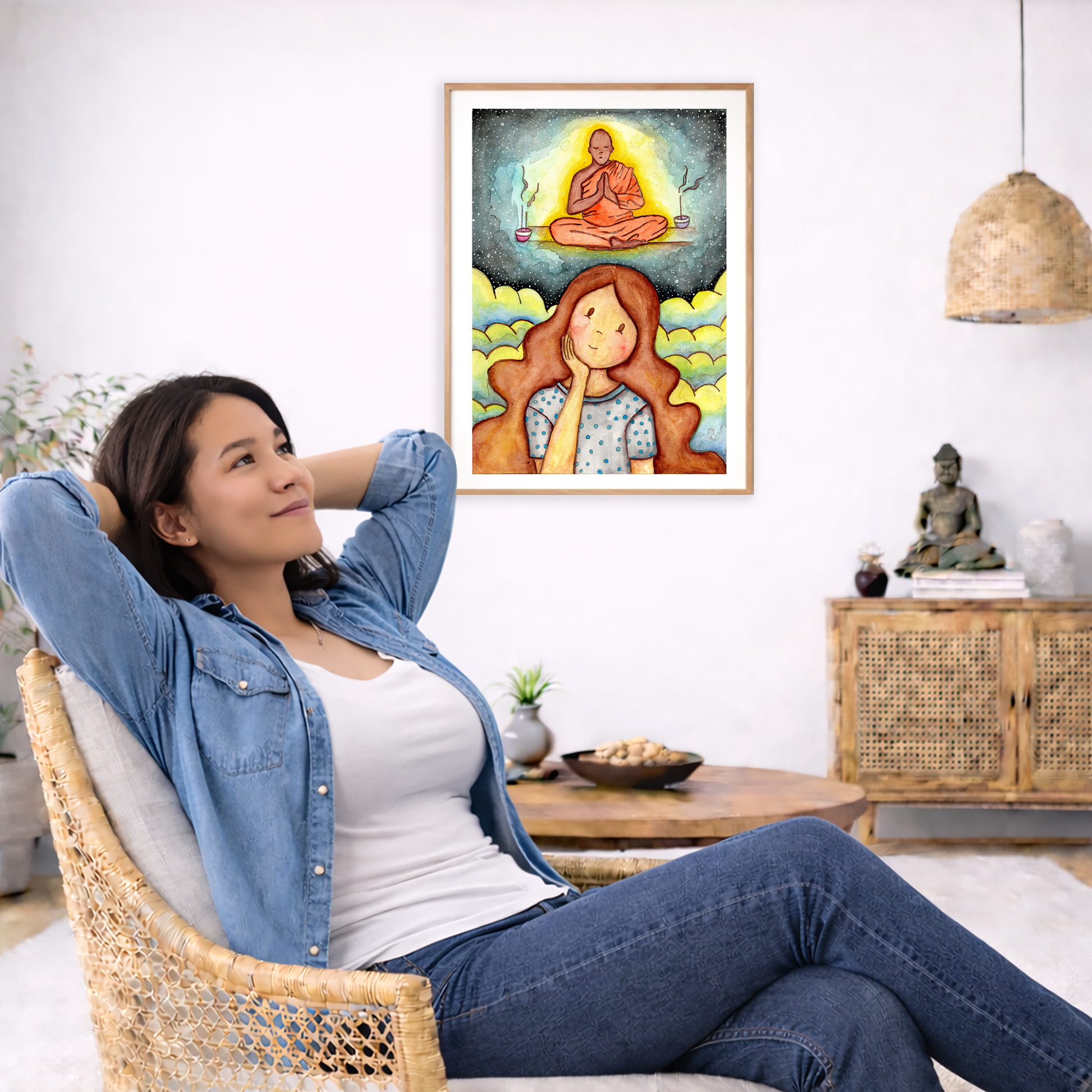 Poster of woman pondering taking up meditation and imagining the higher power that will guide her.  The poster is framed and is in the center of the living room wall. To the left a woman is relaxing in her chair with her hands behind her head. There is a small coffee table beside her with a bowl of walnuts, incense and a small green plant. On the right side of the room is a cabinet with a Buddha statue, books and an urn on it. To the left is a green floor plant.