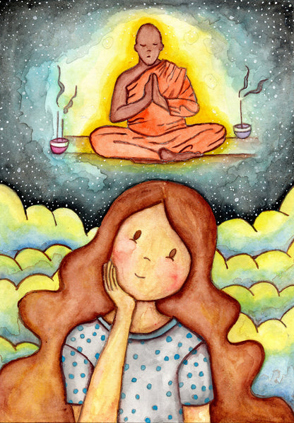 Poster of woman pondering taking up meditation and imagining the higher power that will guide her.  This is a print of the original hand-painted watercolor by Brazilian artist Thaís Suizo for the LET'S MEDITATE SERIES of mediation guides. 