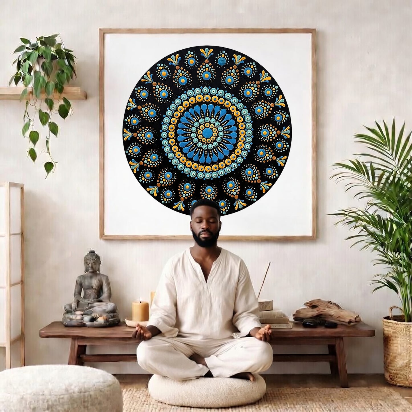 Mandala featuring blue dot patterns against a deep black background, high contrast symmetrical meditation design on a poster.  The mandala poster is framed and is in the center of the living room wall. There is a man meditating facing away from the wall. Behind him is a coffee table with incense and a Buddha statue. There are potted plants on the right and left side of the background. 
