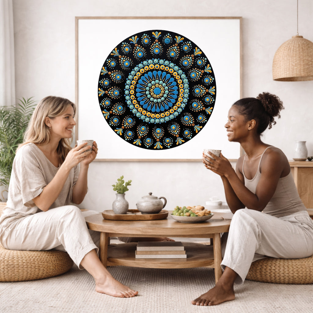 Mandala featuring blue dot patterns against a deep black background, high contrast symmetrical meditation design on a poster.  The mandala poster is framed and is in the center of the living room wall. Two female friends are having tea, grapes and cookies on a coffee table in front of the mandala poster. On the left there is a green potted plant and to the right there is a hanging lamp.
