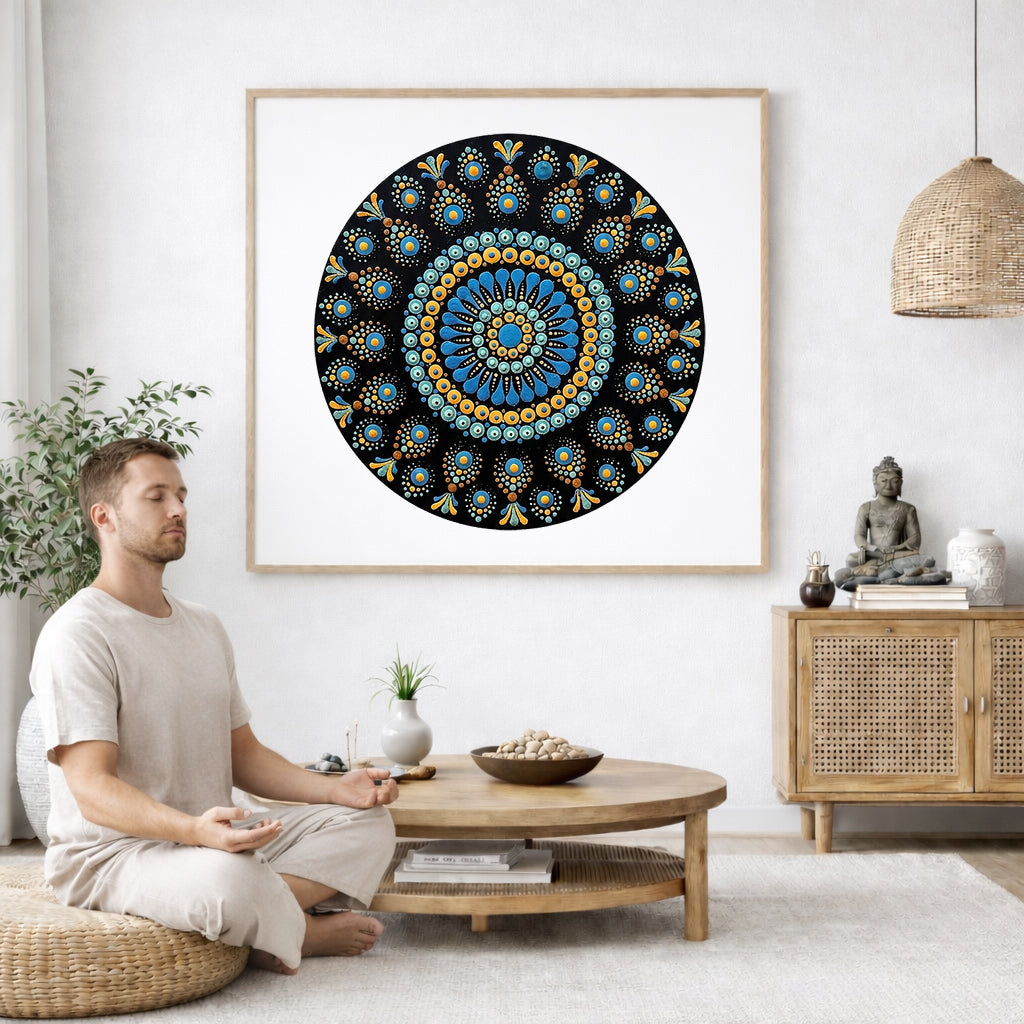 Mandala featuring blue dot patterns against a deep black background, high contrast symmetrical meditation design on a poster. The mandala poster is framed and is in the center of the living room wall. A man is on a chair on the left side of his living room meditating. On the right side is a cabinet with a Buddha statue on it.
