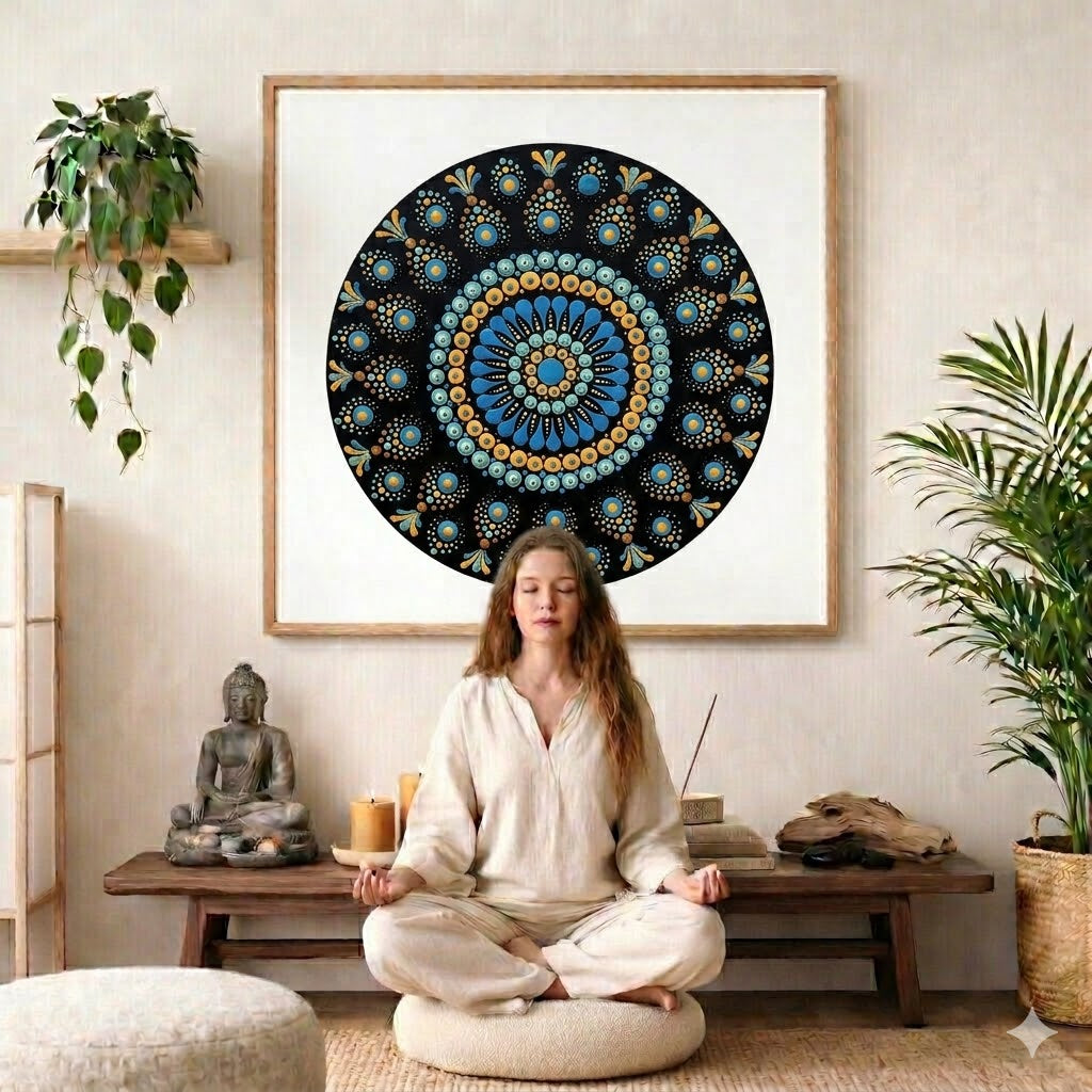 Mandala featuring blue dot patterns against a deep black background, high contrast symmetrical meditation design on a poster.  The mandala poster is framed and is in the center of the living room wall. There is a woman meditating facing away from the wall. Behind her is a coffee table with incense and a Buddha statue. There are potted plants on the right and left side of the background. 
