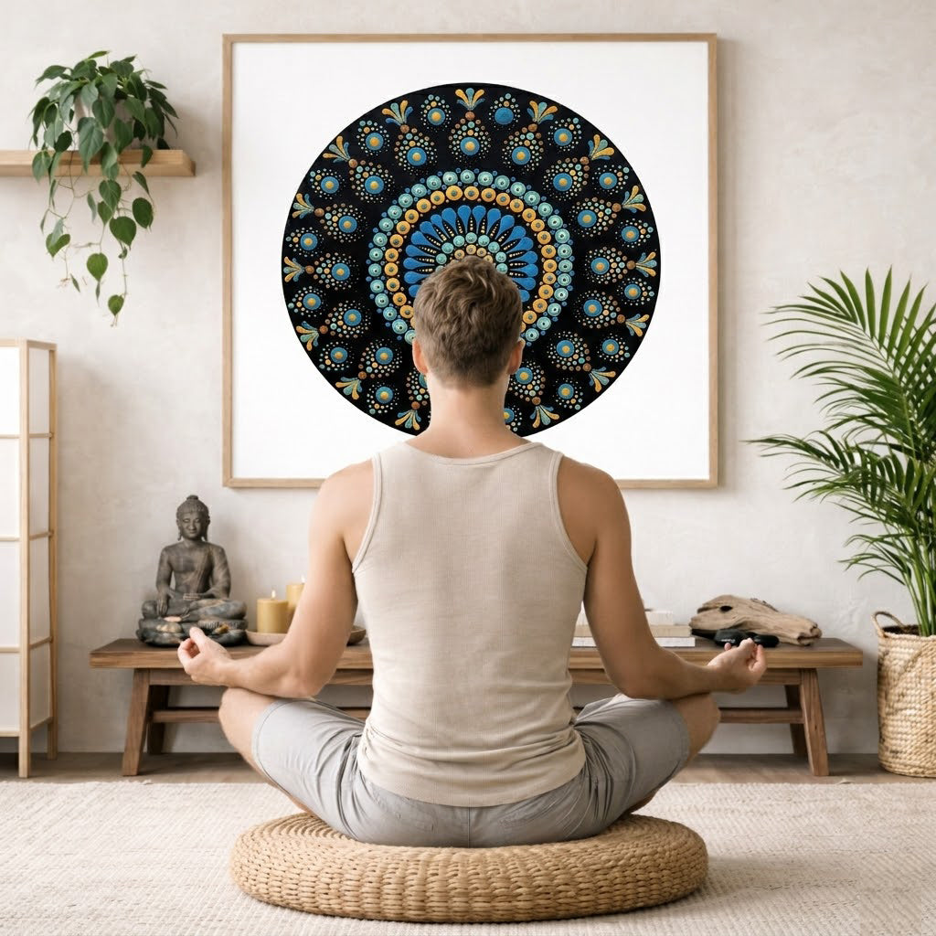 Mandala featuring blue dot patterns against a deep black background, high contrast symmetrical meditation design on a poster.  The mandala is framed hanging on a living room wall. A man is mediating facing the mandala. There is a coffee table in front of him with burning candles and a Buddha statue. There are green potted plants on each side of the room.
