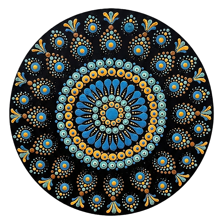 Thumbnail of a Mandala featuring blue dot patterns against a deep black background, high contrast symmetrical meditation design on a poster.  This is a print of the original hand-painted mandala by Brazilian artist Claudia Stagni.