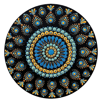 Thumbnail of a Mandala featuring blue dot patterns against a deep black background, high contrast symmetrical meditation design on a poster.  This is a print of the original hand-painted mandala by Brazilian artist Claudia Stagni.