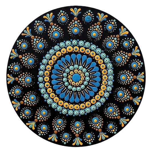 Thumbnail of a Mandala featuring blue dot patterns against a deep black background, high contrast symmetrical meditation design on a poster.  This is a print of the original hand-painted mandala by Brazilian artist Claudia Stagni.