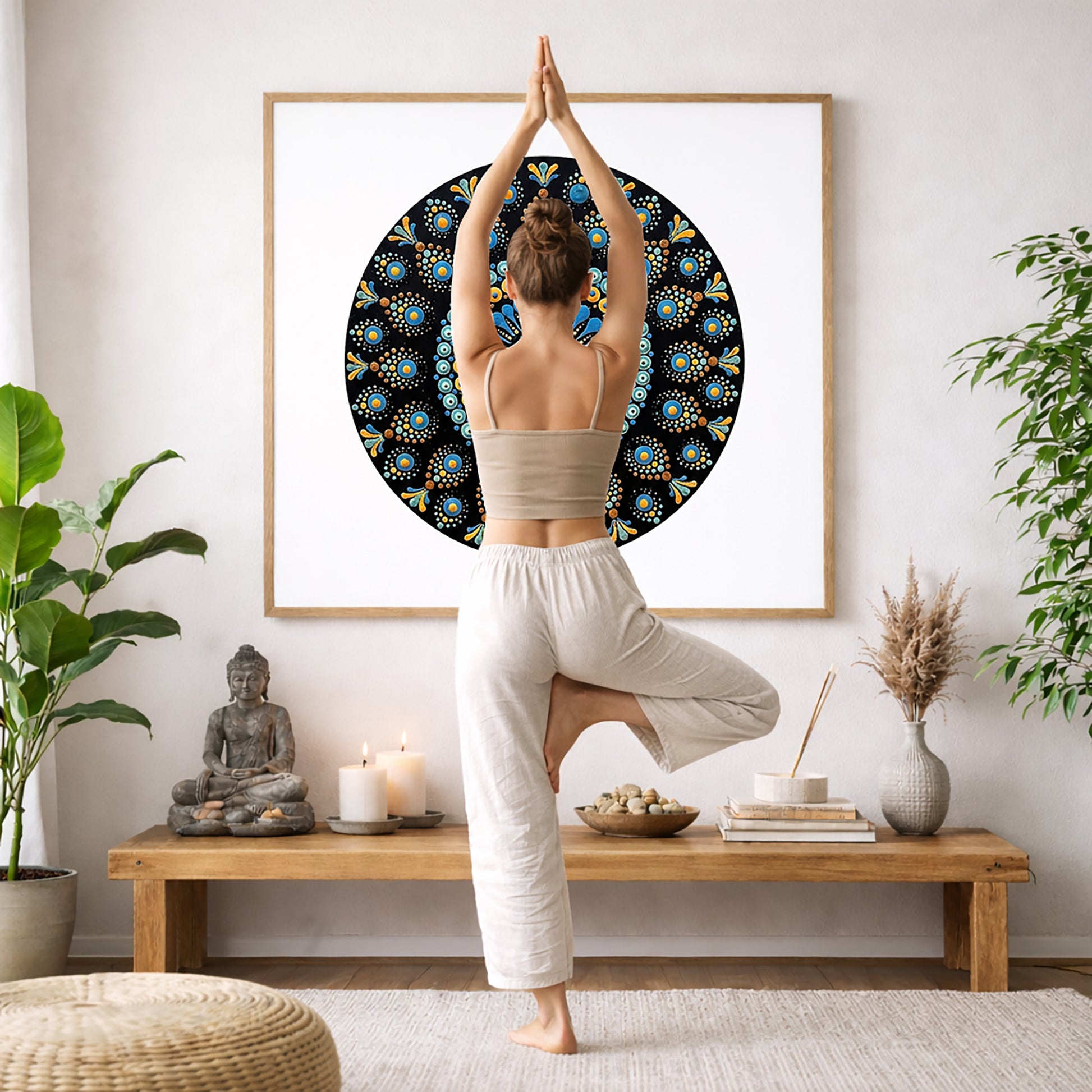 Mandala featuring blue dot patterns against a deep black background, high contrast symmetrical meditation design on a poster.  The mandala is framed hanging on a living room wall. A woman is doing the yoga tree pose (Vrksasana) facing the mandala. There is a coffee table in front of her with candles and a Buddha statue. There are green potted plants on each side of the room.
