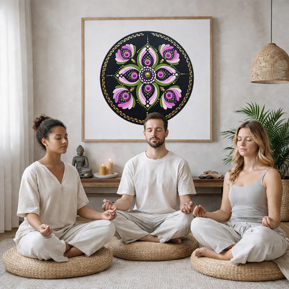 Mandala with layered pink petal shapes arranged in circular symmetry, soft and calming meditation artwork on a poster. Three friends are sitting on wicker pillows meditating in a living room. The mandala framed is on the wall behind them. The table behind them has a Buddha statue and a lit candle. There is a white curtain to the left and a hanging lamp and a potted green plant on the right.