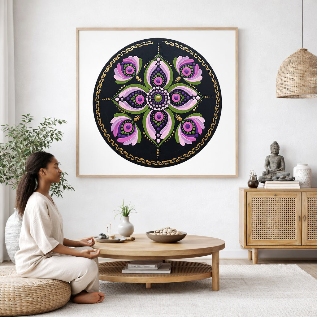 Mandala with layered pink petal shapes arranged in circular symmetry, soft and calming meditation artwork on a poster.  The mandala poster is framed and is in the center of the living room wall. A woman is on a chair on the left side of his living room meditating. There is a green potted plant behind her. On the right side is a cabinet with a Buddha statue on it.
