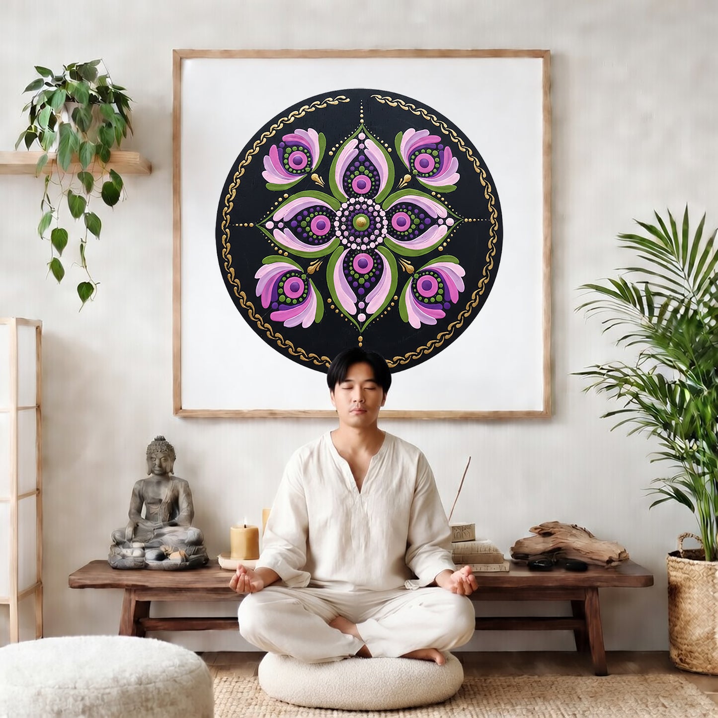 Mandala with layered pink petal shapes arranged in circular symmetry, soft and calming meditation artwork on a poster.  The mandala poster is framed and is in the center of the living room wall. There is a man meditating facing away from the wall. Behind him is a coffee table with incense and a Buddha statue. There are potted plants on the right and left side of the background. 
