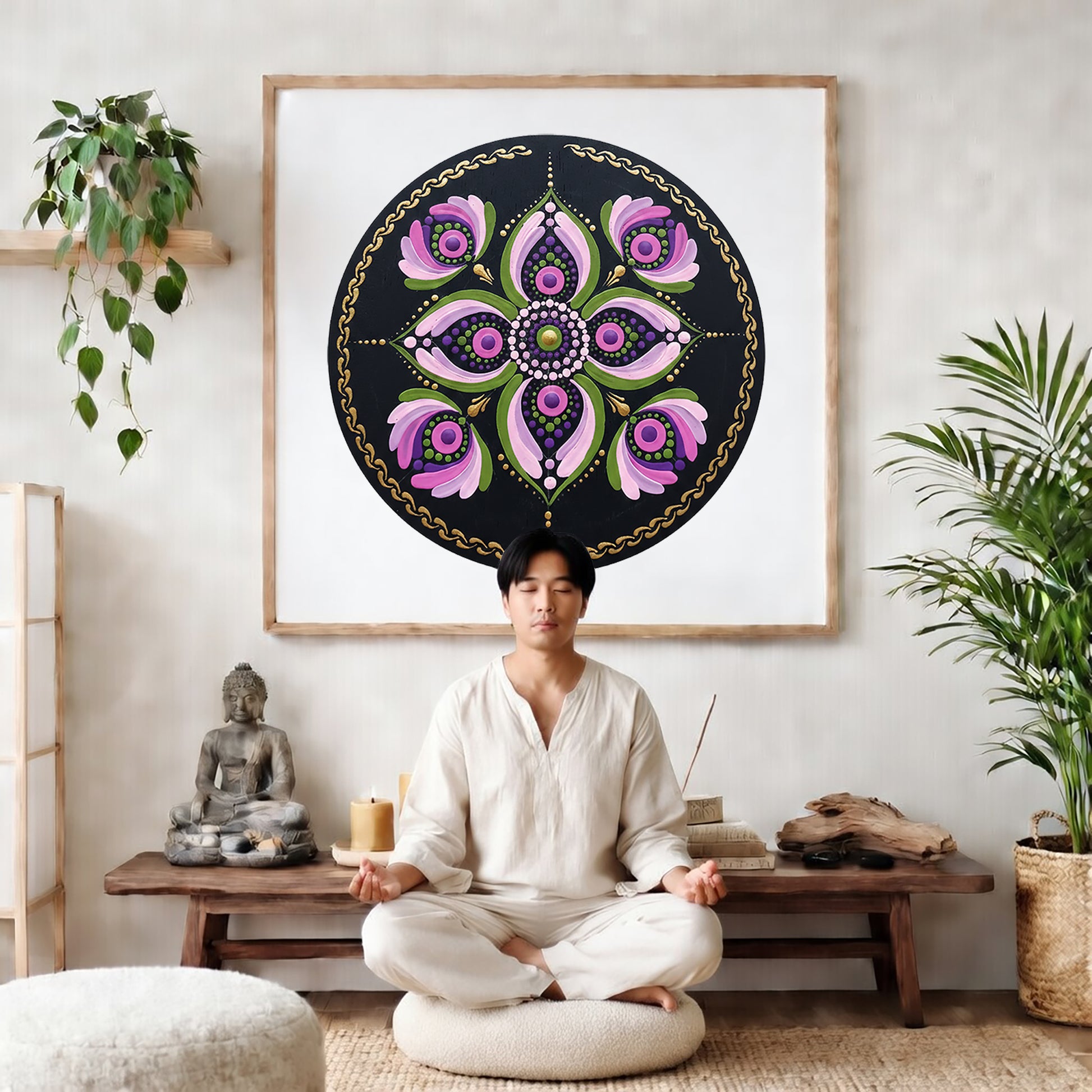 Mandala with layered pink petal shapes arranged in circular symmetry, soft and calming meditation artwork on a poster.  The mandala poster is framed and is in the center of the living room wall. There is a man meditating facing away from the wall. Behind him is a coffee table with incense and a Buddha statue. There are potted plants on the right and left side of the background. 
