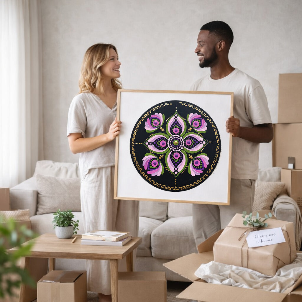 Mandala with layered pink petal shapes arranged in circular symmetry, soft and calming meditation artwork on a poster.  A couple moving into their new home hold up the framed mandala poster in their living room. There is a couch and several moving boxes in the background.
