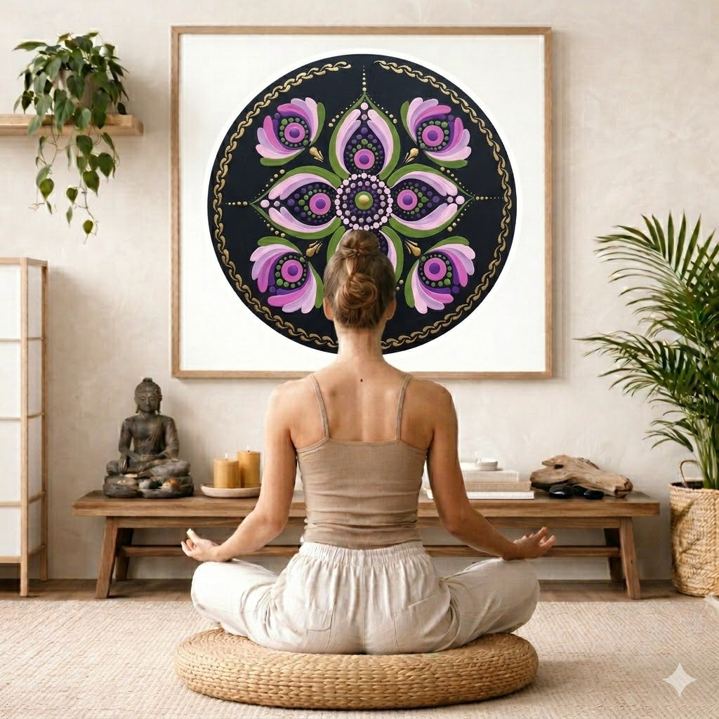 Mandala with layered pink petal shapes arranged in circular symmetry, soft and calming meditation artwork on a poster.  The mandala is framed hanging on a living room wall. A woman is mediating facing the mandala. There is a coffee table in front of her with burning candles and a Buddha statue. There are green potted plants on each side of the room.
