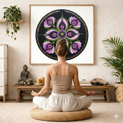 Mandala with layered pink petal shapes arranged in circular symmetry, soft and calming meditation artwork on a poster.  The mandala is framed hanging on a living room wall. A woman is mediating facing the mandala. There is a coffee table in front of her with burning candles and a Buddha statue. There are green potted plants on each side of the room.
