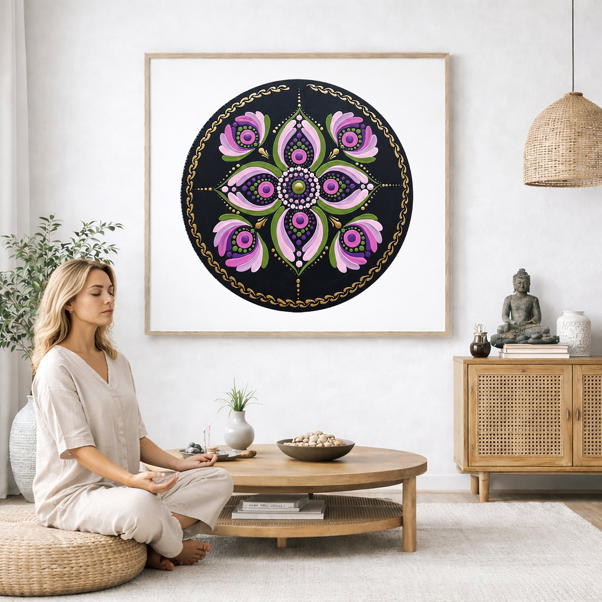Mandala with layered pink petal shapes arranged in circular symmetry, soft and calming meditation artwork on a poster.  The mandala poster is framed and is in the center of the living room wall. A woman is on a chair on the left side of his living room meditating. There is a green potted plant behind her. On the right side is a cabinet with a Buddha statue on it. There is a small coffee table beside her with a bowl of meditation stones, a potted green plant and incense burning.
