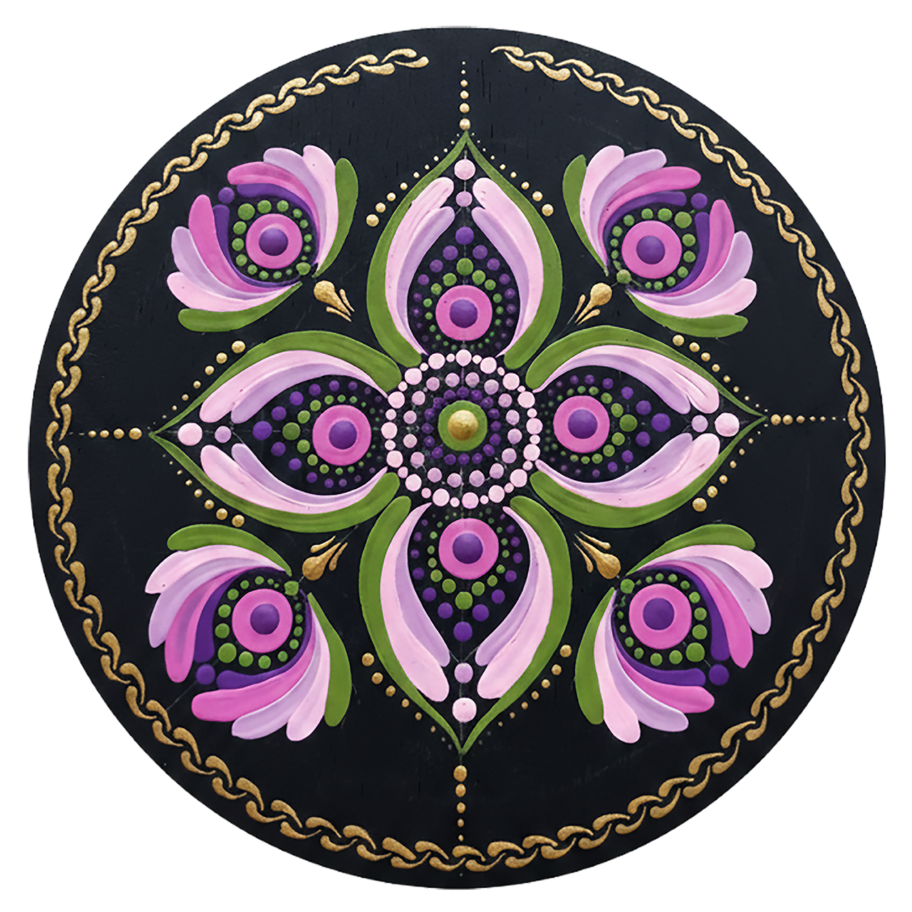 Thumbnail of a Mandala with layered pink petal shapes arranged in circular symmetry, soft and calming meditation artwork on a poster.  This is a print of the original hand-painted mandala by Brazilian artist Claudia Stagni.