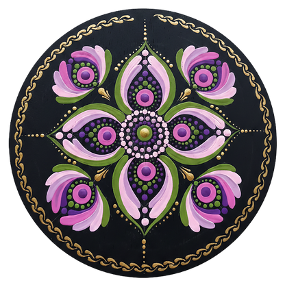 Thumbnail of a Mandala with layered pink petal shapes arranged in circular symmetry, soft and calming meditation artwork on a poster.  This is a print of the original hand-painted mandala by Brazilian artist Claudia Stagni.
