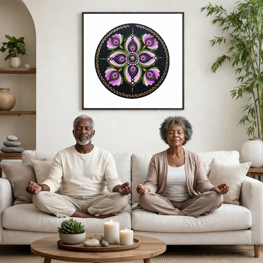 Mandala with layered pink petal shapes arranged in circular symmetry, soft and calming meditation artwork on a poster.  A couple is meditating on their couch. The mandala is framed on a wall behind them. There is a coffee table in front with candles burning and a potted plant. There is a potted plant to the right and shelves on the left.
