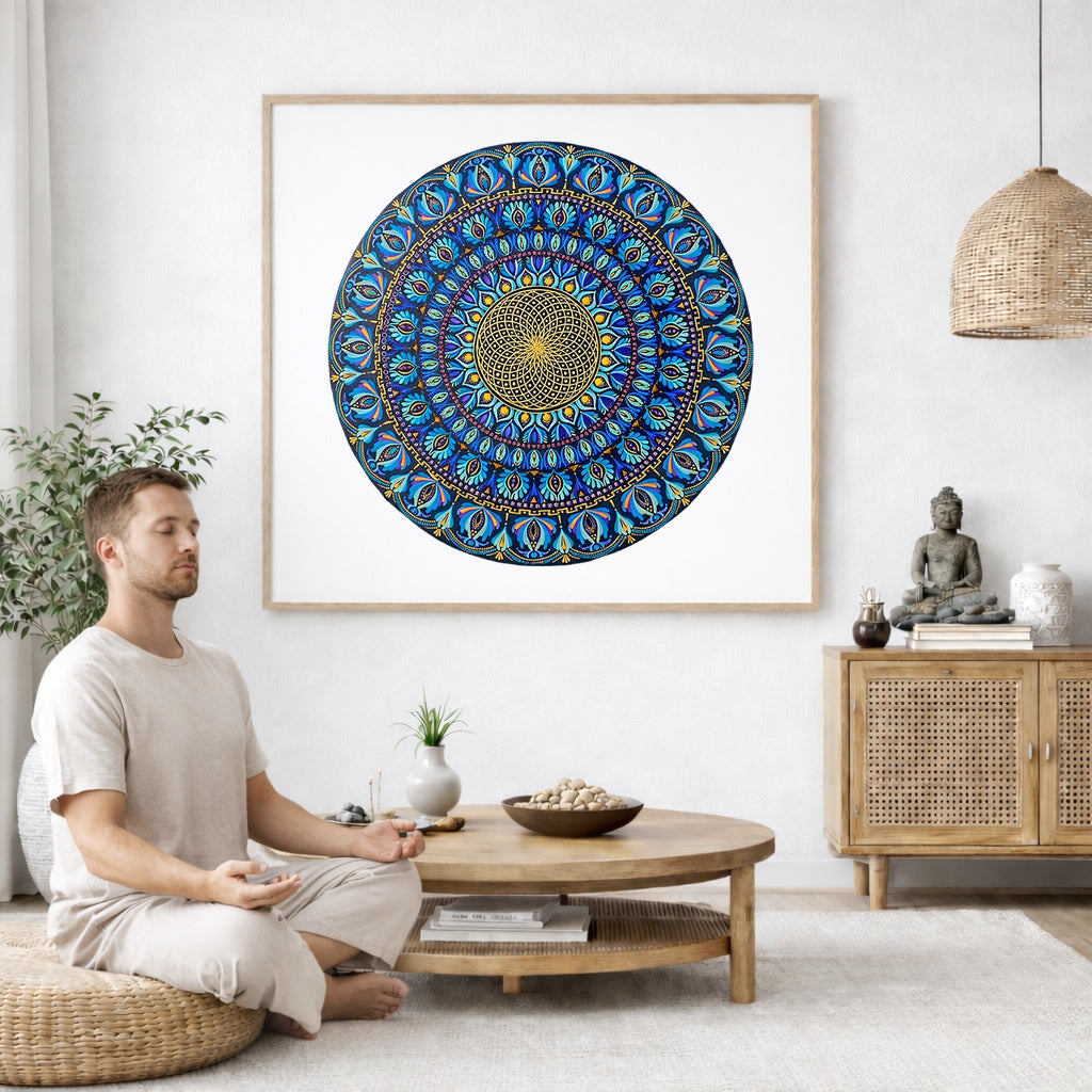Mandala featuring a radiant golden core with intricate circular geometry, spiritual meditation artwork on a poster.  The mandala poster is framed and is in the center of the living room wall. A man is on a chair on the left side of his living room meditating. On the right side is a cabinet with a Buddha statue on it.
