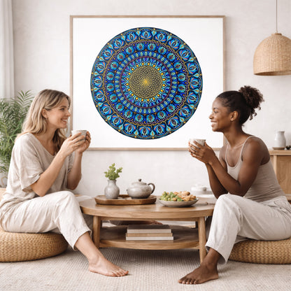 Mandala featuring a radiant golden core with intricate circular geometry, spiritual meditation artwork on a poster.  The mandala poster is framed and is in the center of the living room wall. Two female friends are having tea, grapes and cookies on a coffee table in front of the mandala poster. On the left there is a green potted plant and to the right there is a hanging lamp.
