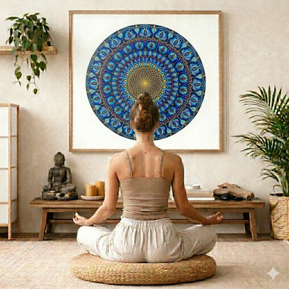 Mandala featuring a radiant golden core with intricate circular geometry, spiritual meditation artwork on a poster.  The mandala is framed hanging on a living room wall. A woman is mediating facing the mandala. There is a coffee table in front of her with burning candles and a Buddha statue. There are green potted plants on each side of the room.
