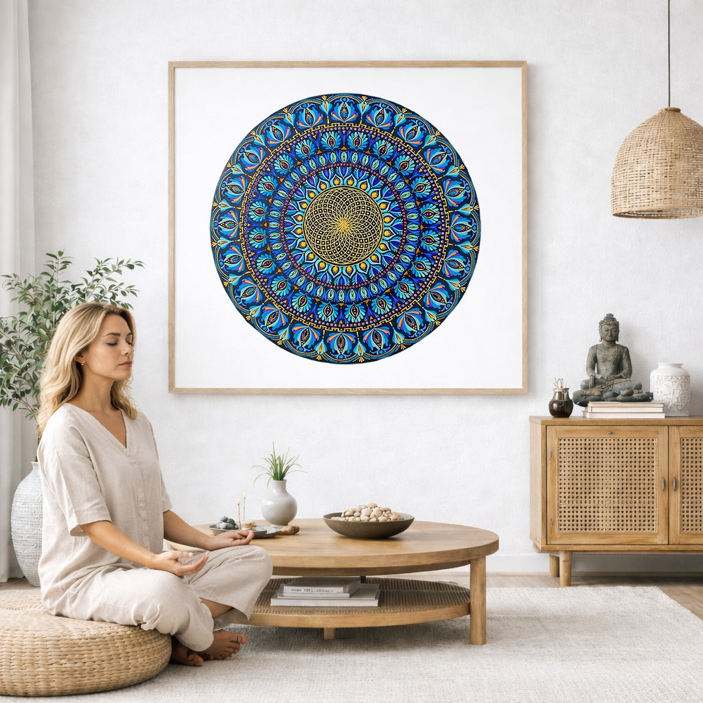 Mandala featuring a radiant golden core with intricate circular geometry, spiritual meditation artwork on a poster.  The mandala poster is framed and is in the center of the living room wall. A woman is on a chair on the left side of his living room meditating. There is a green potted plant behind her. On the right side is a cabinet with a Buddha statue on it.
