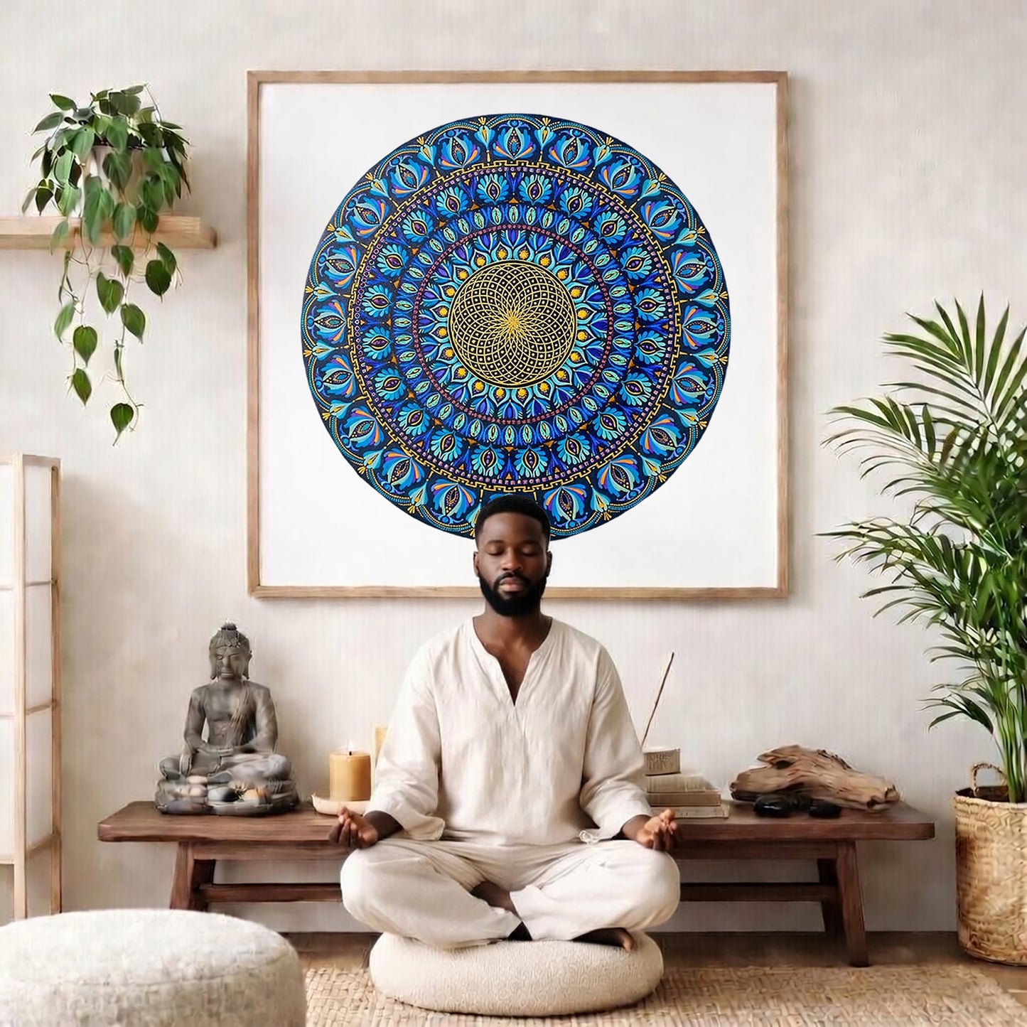 Mandala featuring a radiant golden core with intricate circular geometry, spiritual meditation artwork on a poster.  The mandala poster is framed and is in the center of the living room wall. There is a man meditating facing away from the wall. Behind him is a coffee table with incense and a Buddha statue. There are potted plants on the right and left side of the background. 
