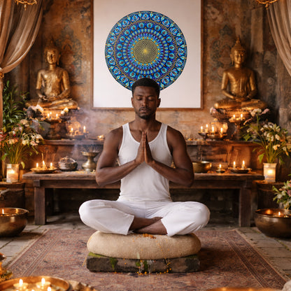 Mandala featuring a radiant golden core with intricate circular geometry, spiritual meditation artwork on a poster.  A man is meditating in a Buddhist temple. The mandala is framed on the wall behind her. There is a table behind her with burning incense and many candles. There are 2 lit lanterns hanging from the ceiling. There is a golden Buddha behind the woman on both the left and right sides. 