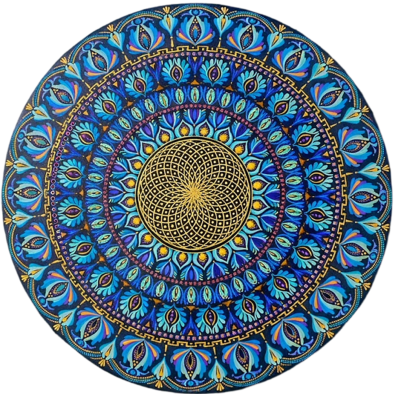 Thumbnail of a Mandala featuring a radiant golden core with intricate circular geometry, spiritual meditation artwork on a poster.  This is a print of the original hand-painted mandala by Brazilian artist Claudia Stagni.
