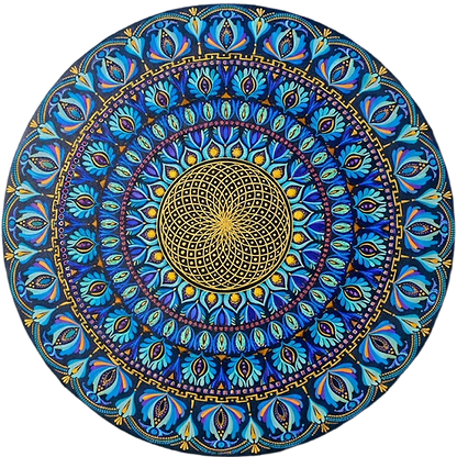 Thumbnail of a Mandala featuring a radiant golden core with intricate circular geometry, spiritual meditation artwork on a poster.  This is a print of the original hand-painted mandala by Brazilian artist Claudia Stagni.
