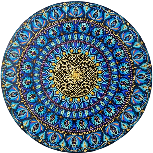 Thumbnail of a Mandala featuring a radiant golden core with intricate circular geometry, spiritual meditation artwork on a poster.  This is a print of the original hand-painted mandala by Brazilian artist Claudia Stagni.
