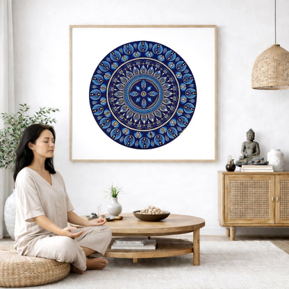 Geometric mandala with eight diamond shapes arranged symmetrically in the design, intricate meditation artwork printed on a poster.  The mandala poster is framed and is in the center of the living room wall. A woman is on a chair on the left side of his living room meditating. There is a green potted plant behind her. On the right side is a cabinet with a Buddha statue on it.  
