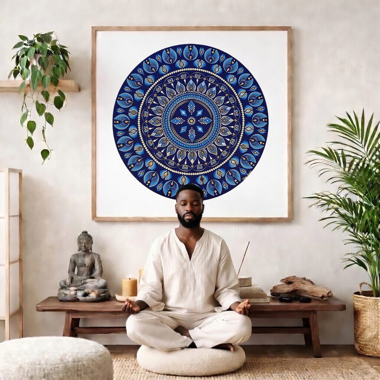 Geometric mandala with 8 diamond shapes arranged symmetrically in the design, intricate meditation artwork printed on a poster. The mandala poster is framed and is in the center of the living room wall. There is a man meditating facing away from the wall. Behind him is a coffee table with incense and a Buddha statue. There are potted plants on the right and left side of the background. 

